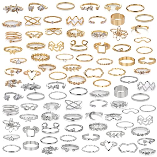 42-Piece Gold Tone Stackable Ring Set for Women, Boho Minimalist Stacking Rings with Crystal & Heart Accents, Adjustable Open Band Jewelry for Daily Wear - style: ZH00098