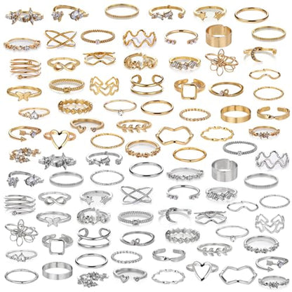 42-Piece Gold Tone Stackable Ring Set for Women, Boho Minimalist Stacking Rings with Crystal & Heart Accents, Adjustable Open Band Jewelry for Daily Wear - style: ZH00098