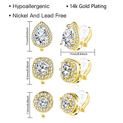 ALEXCRAFT Gold Clip On Earrings 3 Pairs Small Earing Non Pierced for Women - color: Gold Pave