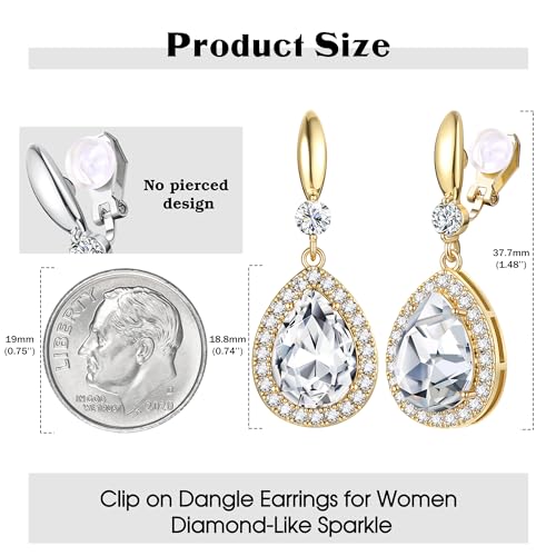 THUNARAZ Clip on Dangle Earrings for Women, Rhinestone Wedding Prom Jewelry | Clip Earrings Non-Pierced, Teardrop Dangle Earrings, Crystal Drop Earrings, Elegant Rhinestone Jewelry for Bride Bridesmaid - color: Gold Tone/Clear Stone
