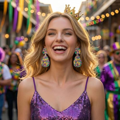 Rhinestone Statement Earrings Teardrop Costume Earrings Cluster Crystal Chandelier Drop Dangle Earrings for Women - color: Purple