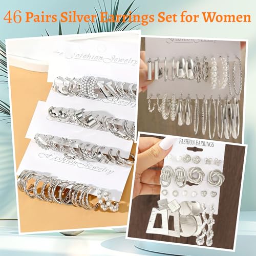 Gold Silver Hoop Earrings Set for Women, 46 Pairs Lightweight Twisted Pearl Heart Chunky Hoops Dangle Drop Earrings, Hypoallergenic Gold Plated Earrings for Daily Birthday Party Gift - color: Silver