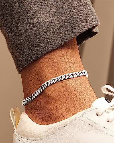 Sterling Silver Ankle Bracelets for Women Strong Lobster Clasp - Cuban Link, Figaro, Rope, Flat Mariner, Snake Herringbone, Satellite, Paperclip - Summer Beach Waterproof Silver Anklet - color: Curb, Figaro, Flat Mariner