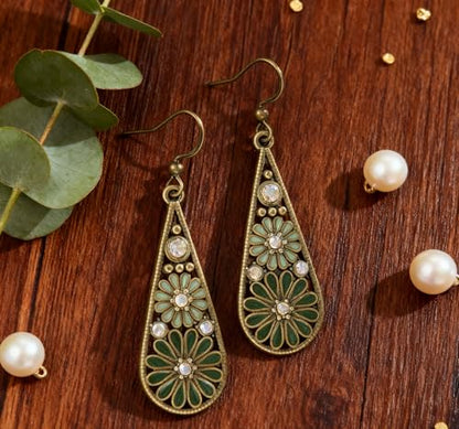 Bohemian Crystal Teardrop Dangle Earrings, Copper, Tribal Geometric Design, Handmade National Style for Women - color: Green