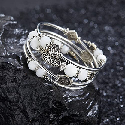 FULU AUTUMN Stackable Beaded Bracelets for Women Boho Wrap Silver Bracelet Layered Fashion Jewelry Gifts for Her - color: Porcelain White