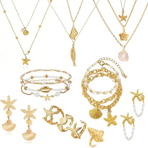 Seashell Starfish Jewelry Set for Women Ocean Vacation Accessories Layered Charm Necklace Bracelets Earrings Rings Anklet Summer Beach Jewelry Gifts - style: Style : Gold Ocean A