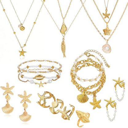 Seashell Starfish Jewelry Set for Women Ocean Vacation Accessories Layered Charm Necklace Bracelets Earrings Rings Anklet Summer Beach Jewelry Gifts - style: Style : Gold Ocean A