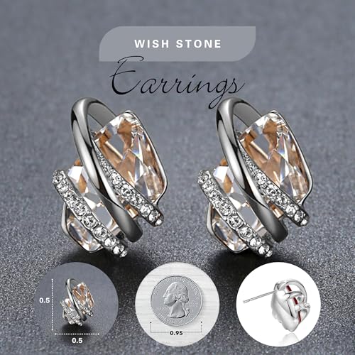 Gifts for Women, Wish Stone Stud Earrings with Birthstone Crystals, 18K Rose Gold Plated or Silver-tone - color: 204-April-Clear White-Silvertone