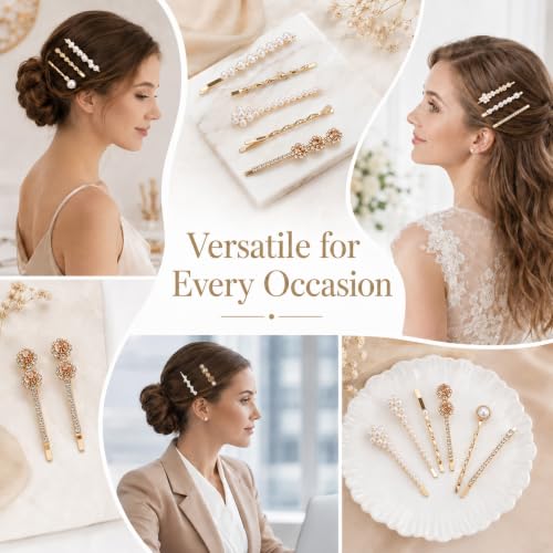 16 Pack Gold Rhinestone Pearl Decorative Bobby Pins Set Cute Hair Barrettes | Gold Hair Clips, Metal Hairs Pin, Small Fancy Bobby Pins for Women, White Bobby Pin, for Women