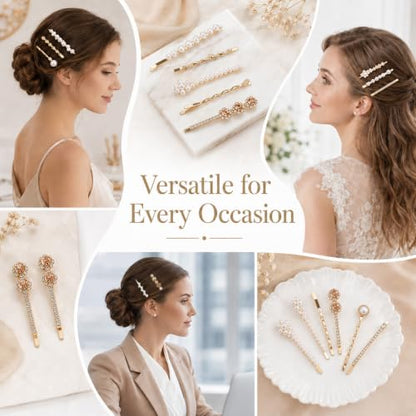16 Pack Gold Rhinestone Pearl Decorative Bobby Pins Set Cute Hair Barrettes | Gold Hair Clips, Metal Hairs Pin, Small Fancy Bobby Pins for Women, White Bobby Pin, for Women