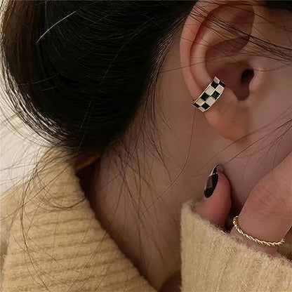 Checker Cuff Wrap Cartilage Earrings for Women Non Pierced Ear Fashion Black White Enamel Fake Hoop Hypoallergenic Jewelry Gift