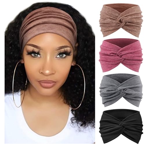 DRESHOW 4 Pack Turban Headbands for Women Wide Vintage Head Wraps Knotted Cute Hair Band Accessories - color: 4 Pcs: Black, Begonia Red, Earthy Brown, Grey