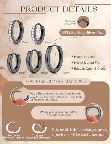Jstyle Small Gold Hoop Earrings for Women, CZ/Plain Hoops Earring Stacks | Hypoallergenic Earing Hoops for Sensitive Ears, Secure Clasps, Huggie Earrings Stack Set for Cartilage, 14K Gold/Silver/Black - color: Black Tone- with Sterling Silver Post