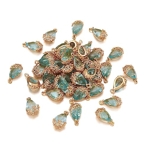 FASHEWELRY 50Pcs Faceted Transparent Glass Teardrop Pendants Crystal Glass Dangle Oval Drop Bead Charms with Golden Flower Open Back Settings for Jewelry Craft Making - color: Light Green