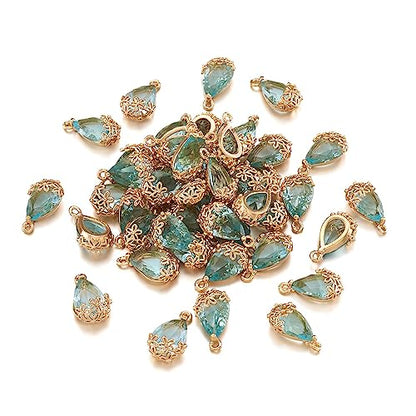 FASHEWELRY 50Pcs Faceted Transparent Glass Teardrop Pendants Crystal Glass Dangle Oval Drop Bead Charms with Golden Flower Open Back Settings for Jewelry Craft Making - color: Light Green