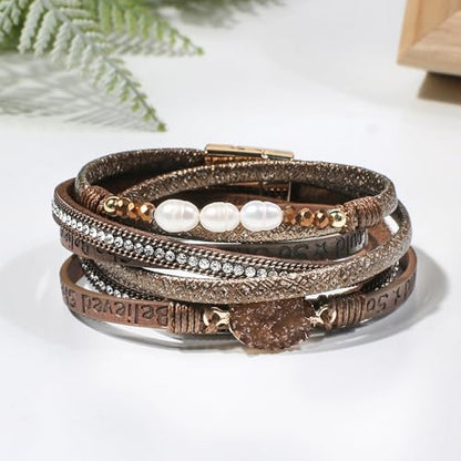 Artilady Leather Wrap Bracelet for Women, Pearl Beaded Bangle Stack Jewelry | Easy on-off, Elegant Handmade Multi-Layered, Daily Casual Date Beach Vacation, Gift for Ladies, Mother, Sister & Friend - style: So She Did, Brown