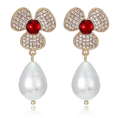Earrings Holy Stud Earrings for Girls/Women, Sliver Gold Wedding Earrings for Bridesmaids - color: Red Diamond Pearl|Gold
