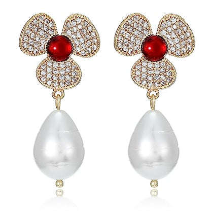 Earrings Holy Stud Earrings for Girls/Women, Sliver Gold Wedding Earrings for Bridesmaids - color: Red Diamond Pearl|Gold