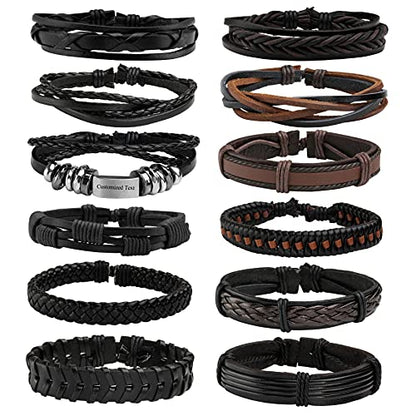 MILAKOO Braided Leather Bracelet for Men Women Cuff Wrap Bracelet Adjustable Black and Brown - color: Multicolor（Engraved）
