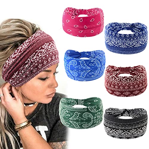 Yeshan Wide Bandana headbands for Women Boho Bandeau Headband Knot Hair Scarf Bands Stretch Floral Printed Non Slip Head bands Elastic Turban Head Wraps Thick African Headband,Pack of 6 - color: No2(paisley 6 pcs)