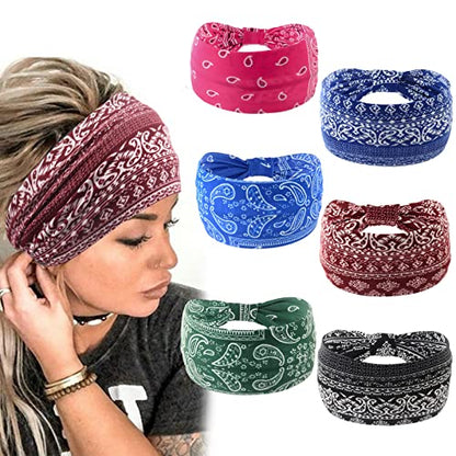 Yeshan Wide Bandana headbands for Women Boho Bandeau Headband Knot Hair Scarf Bands Stretch Floral Printed Non Slip Head bands Elastic Turban Head Wraps Thick African Headband,Pack of 6 - color: No2(paisley 6 pcs)