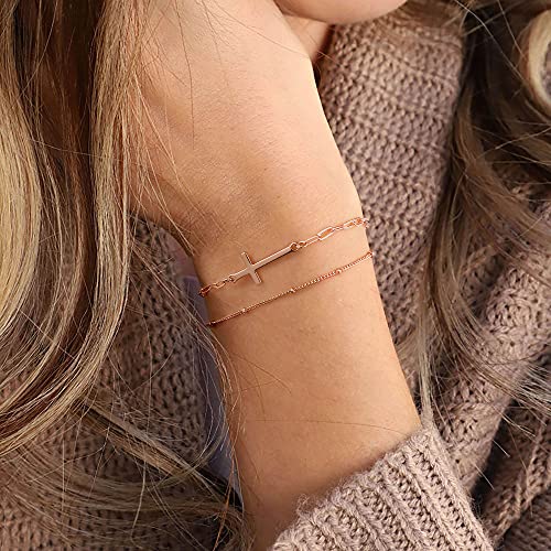 Dainty Gold Bracelets for Women, 14K Gold Plated Adjustable Layered Beads Bracelet Cute Evil Eye Oval Chain Pearl Bar Turtle Gold Bracelets for Women Jewelry - style: Beads Chain&Cross-Rose