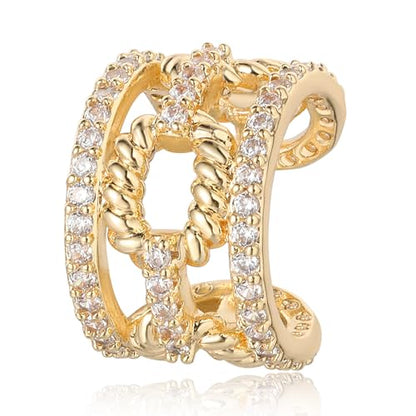 Gold Ear Cuff Earring for Women 14K Gold Plated Cubic Zirconia Non-Pierced Clip on Cartilage Chunky Ear Cuffs Hypoallergenic Jewelry - style: chain