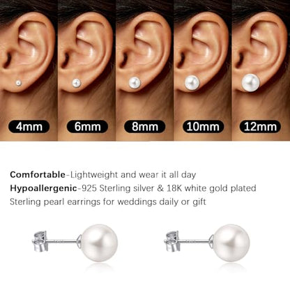 CUTEFEEL 4-12mm White Gold Plated Sterling Silver Pearl Stud Earrings | White Pearl Wedding Earrings Hypoallergenic Jewelry for Women - size: M-8mm