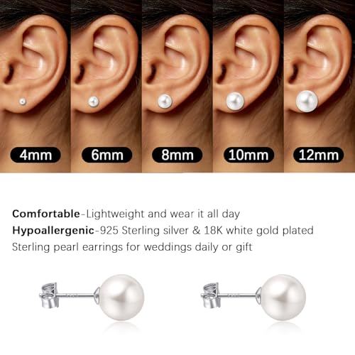 CUTEFEEL 4-12mm White Gold Plated Sterling Silver Pearl Stud Earrings | White Pearl Wedding Earrings Hypoallergenic Jewelry for Women - size: L-12mm