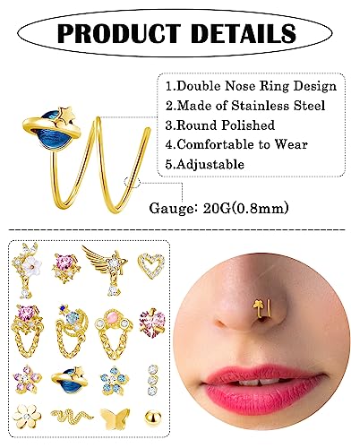 Akeoqi 16PCS Double Nose Ring Hoop For Single Piercing Stainless Steel Dangle Spiral Nose Rings Snake Flower Butterfly Planet Angel Wings Heart Ball Twist Earring Hoops Body Piercing Jewelry For Women - color: B: Gold