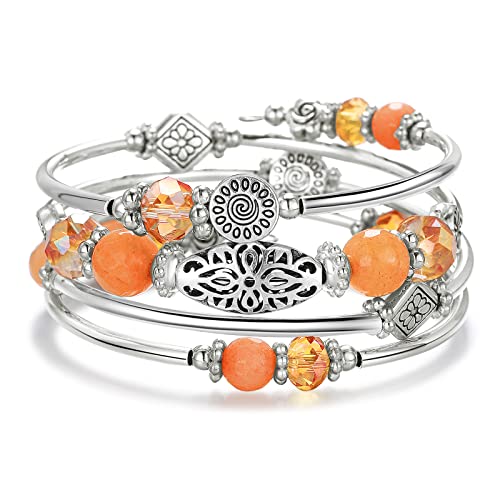 FULU AUTUMN Stackable Beaded Bracelets for Women Boho Wrap Silver Bracelet Layered Fashion Jewelry Gifts for Her - color: Orange