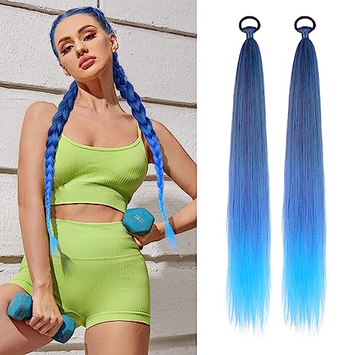 LyoRuSi Blue Gradient Braid Ponytail Extension 26'' Braid Hair Extensions | Ponytail Extension with Hair Tie Straight Sleek Wrap Around Braid Hair Extensions Ponytail Natural Soft Synthetic Hairpiece - color: Blue gradient#（Black/Blue/Light Blue）, size: 2