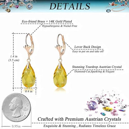 Austrian Crystal Teardrop Leverback Dangle Earrings for Women Fashion 14K Gold Plated Hypoallergenic Jewelry - color: Yellow