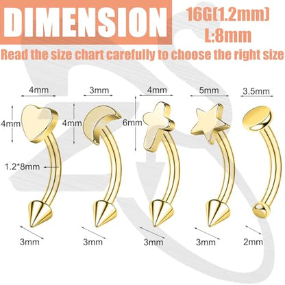 ZS 5Pcs Stainless Steel Eyebrow Rings, 16G Curved Belly Rings Navel Barbell Helix Daith Tragus Earrings Spike Vertical Labret Lip Piercing Jewelry - color: Gold,L:8mm
