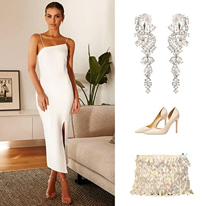 Fashion Rhinestone Statement Drop Dangle Earrings Long Colorful Crystal Bridal Wedding Teardrop Chandelier Earrings for Women Prom Pageant - color: Clear-silver