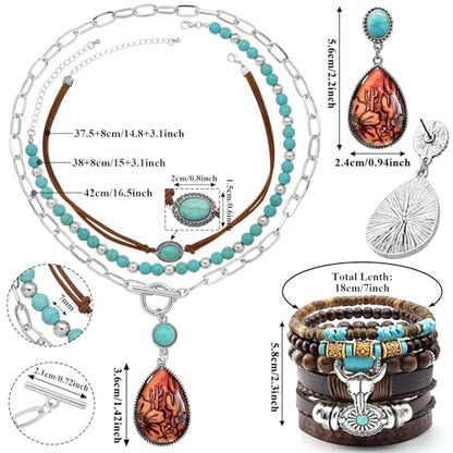 RechicGu Western Jewelry For Women Bohemian Turquoise Dangle Earrings Necklace Bracelet Set, Bullhead Pendant Layered Choker Boho Faux Leather Wristband Country Concert Cowgirl Accessories - color: Jewelry Set Cactus E