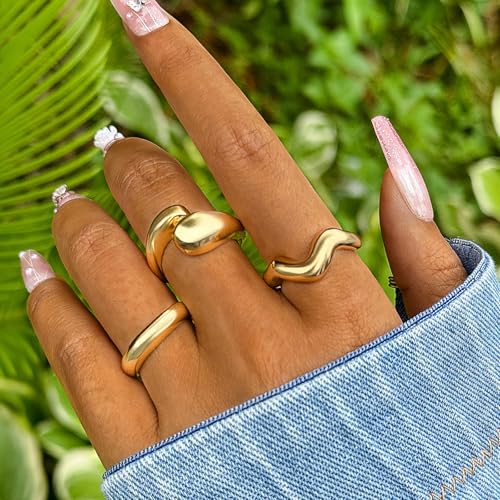 Roe Dolph Chunky Gold Rings for Women Stackable Statement Ring Set | Mixed sculptural shapes and polished surfaces create bold stacking combinations for parties dinners and everyday outfits - color: A1