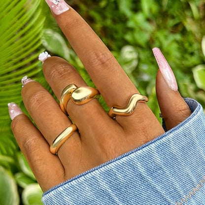 Roe Dolph Chunky Gold Rings for Women Stackable Statement Ring Set | Mixed sculptural shapes and polished surfaces create bold stacking combinations for parties dinners and everyday outfits - color: A1