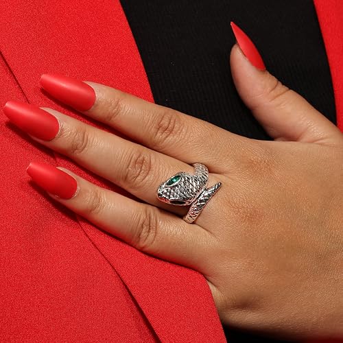 Stainless Steel Snake Ring for Men & Women Adjustable Serpent Wrap Ring with Green Blue Crystal Eye, Vintage Gothic Biker Jewelry, Non-Tarnish Open Band Statement Fashion Accessory Gift - style: Silver Snake