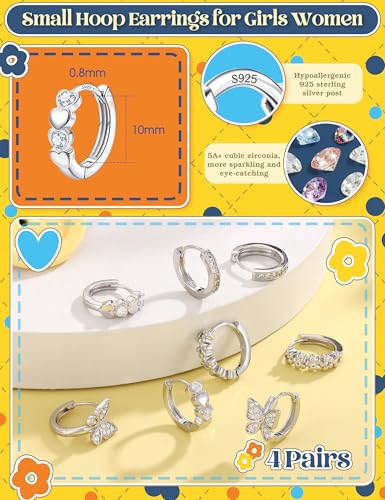 925 Sterling Silver Post Small Hoop Earrings For Girls - Hypoallergenic Huggie Earrings for Women Cute Heart Flowers Butterfly Star Cubic Zirconia Cartilage Earrings For Sensitive Ears 4Pairs - color: White