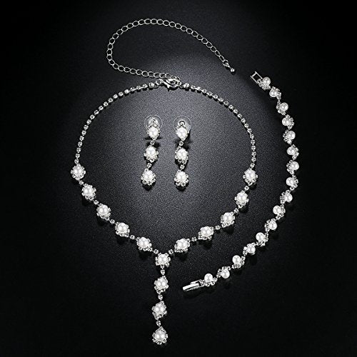 Simulated Pearl Leave Floral Bridal Jewelry Sets, Crystal Wedding Necklace Earrings Bracelet Sets Jewelry Engagement Gift - color: D-Clear