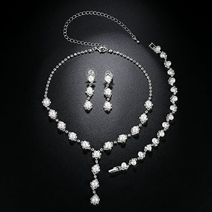 Simulated Pearl Leave Floral Bridal Jewelry Sets, Crystal Wedding Necklace Earrings Bracelet Sets Jewelry Engagement Gift - color: D-Clear
