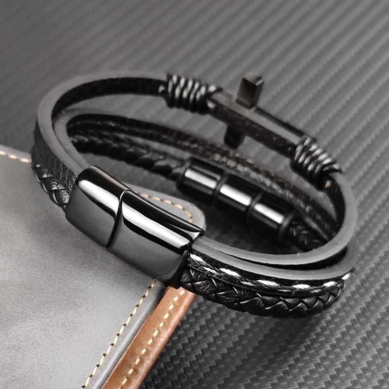Multi-Layer Braided Leather Bracelets Mens Cross Leather Bracelet Wristband Religious Leather Bracelets Men Customized Gifts for Dad Husband Boyfriend Son - color: black, size: 8.07