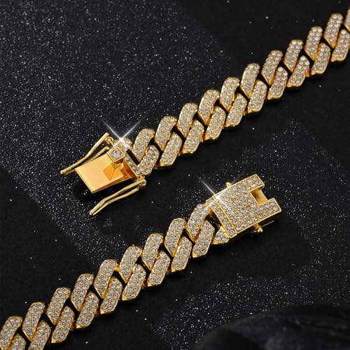 Mens Cuban Link Chain Iced Out Cuban Necklace 18K Gold & Silver Plated Chain For Men Women 14mm Hip Hop Jewelry - color: 14K Gold, size: 18Inches