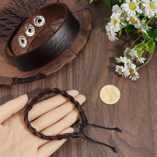 2 Styles Cowhide Wide Cuff Wrap Adjustable Genuine Leather Bracelets Brown Braided Rustic Leather Wrist Band Vintage Rope Bracelet Wristband for Men Women Daily Wear Costume Party Gift - style: 2 styles 2