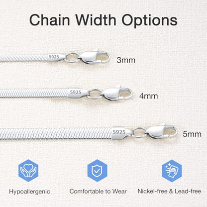Jewlpire 3mm 4mm 5mm Herringbone Necklace 18K Gold Plated 925 Sterling Silver Chain Necklace for Women, Flat Snake Chain Necklace, Women's Chains Necklaces 16 18 20 22 24 Inch - color: 4mm 925 Sterling Silver, size: 16 Inch (Women's Choker Length)