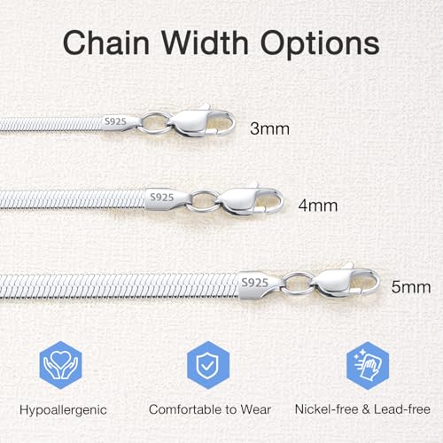 Jewlpire 3mm 4mm 5mm Herringbone Necklace 18K Gold Plated 925 Sterling Silver Chain Necklace for Women, Flat Snake Chain Necklace, Women's Chains Necklaces 16 18 20 22 24 Inch - color: 3mm 925 Sterling Silver, size: 20 Inch (Women's Matinee Length)