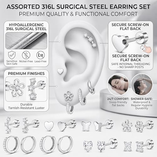 Surgical Stainless Steel Stud Earrings Set for Women | Hypoallergenic, Sensitive Flat Back, Small Cute Hoop Earring Sets, Lobe Helix Cartilage Stacks, Multiple Piercing Jewelry - color: Silver