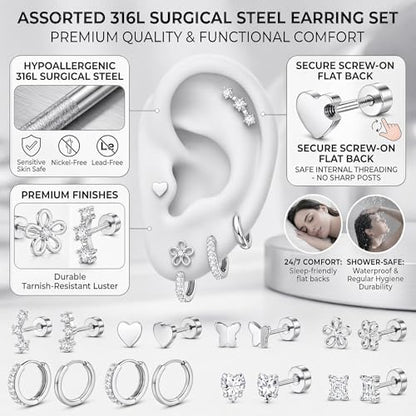 Surgical Stainless Steel Stud Earrings Set for Women | Hypoallergenic, Sensitive Flat Back, Small Cute Hoop Earring Sets, Lobe Helix Cartilage Stacks, Multiple Piercing Jewelry - color: Silver