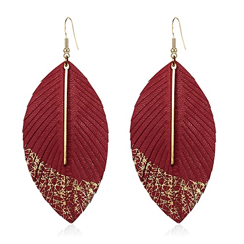 Bohemian Handmade Lightweight Color Large Genuine Soft Leather Fringe Feather Leaf Tear Dangle Drop Earrings for Women Statement - color: 2-Red